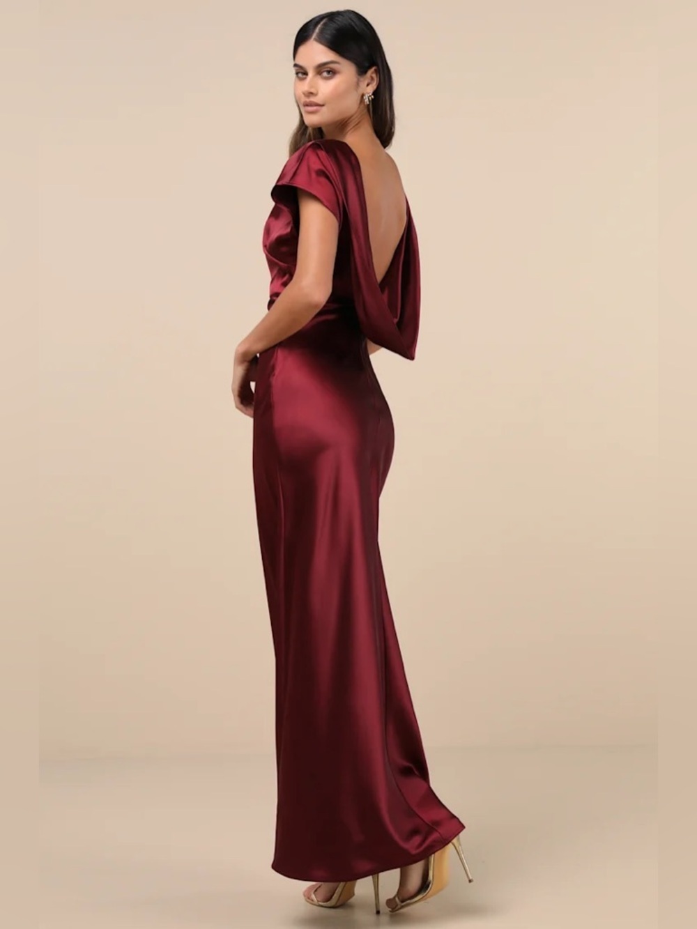 Lulus Captivating Presence Wine Red Satin Cowl Back Maxi Dress